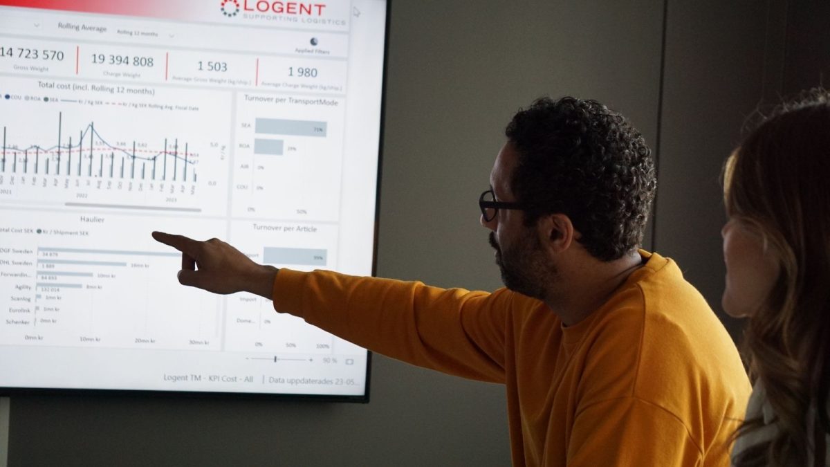 Supply chain-specialist analyserar transportflöden och logistikdata på skärm